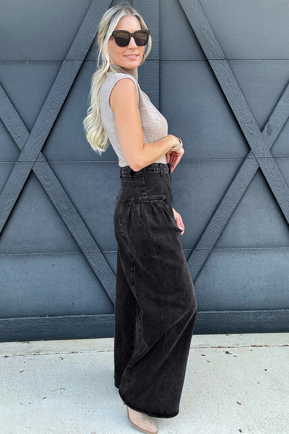 Dark Grey Pleated Wide Leg Mineral Wash Denim Pants view 5