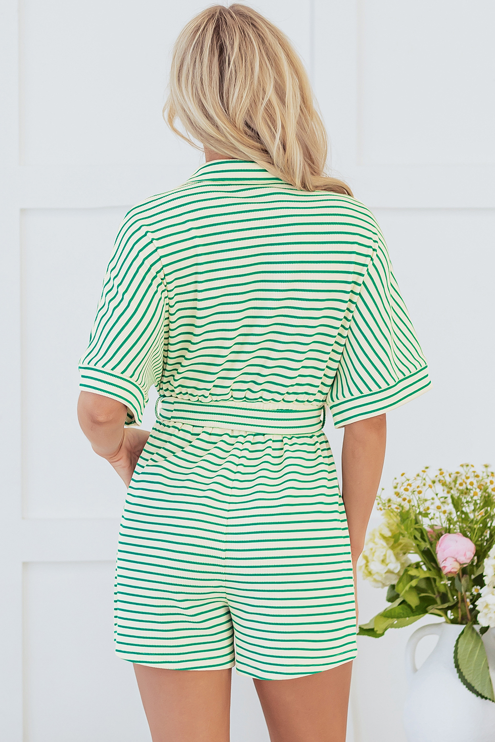 Green Stripe Textured Short Sleeve Collared Buttoned Waist Tie Romper view 2
