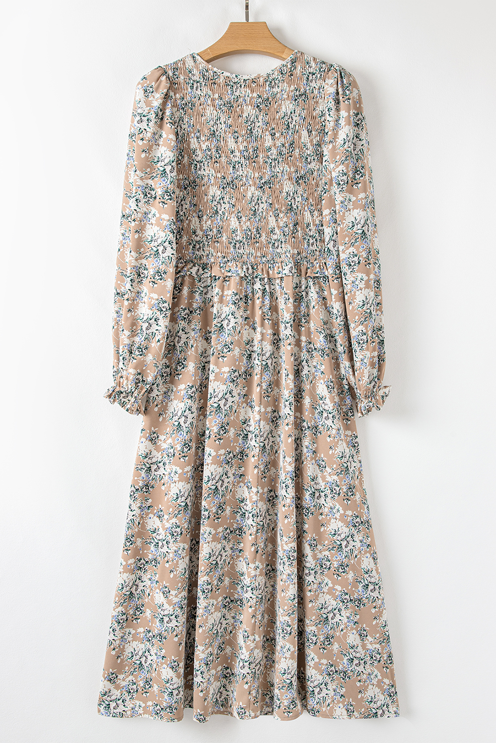 Khaki Maple Grove Floral Smocked Puff Sleeve Long Dress view 16