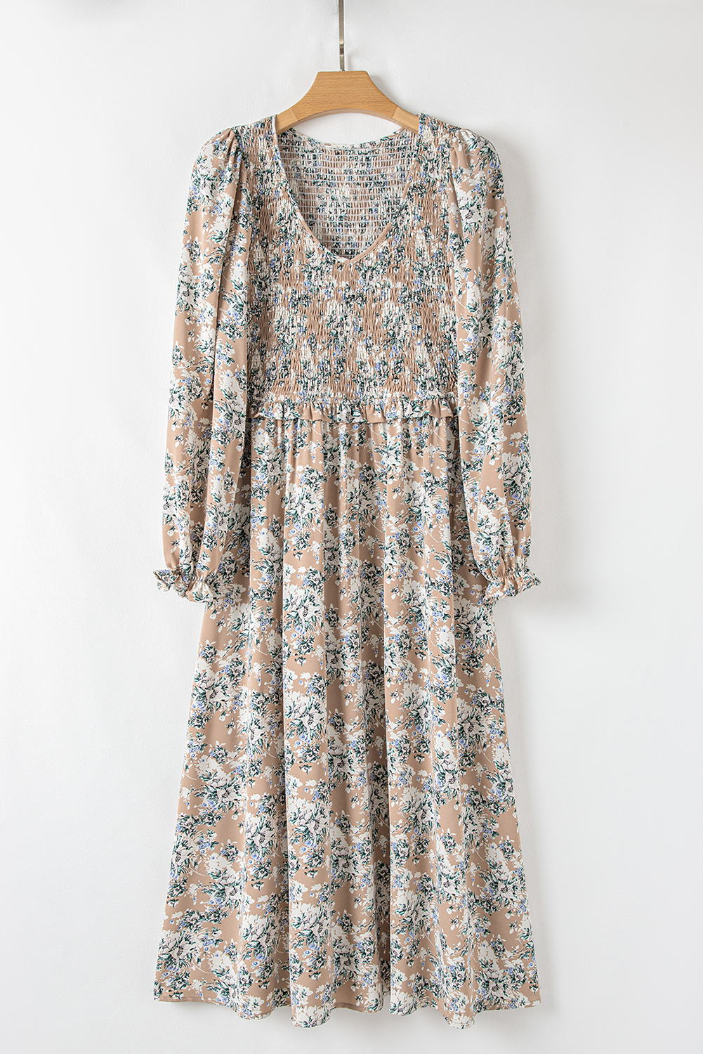 Khaki Maple Grove Floral Smocked Puff Sleeve Long Dress view 15