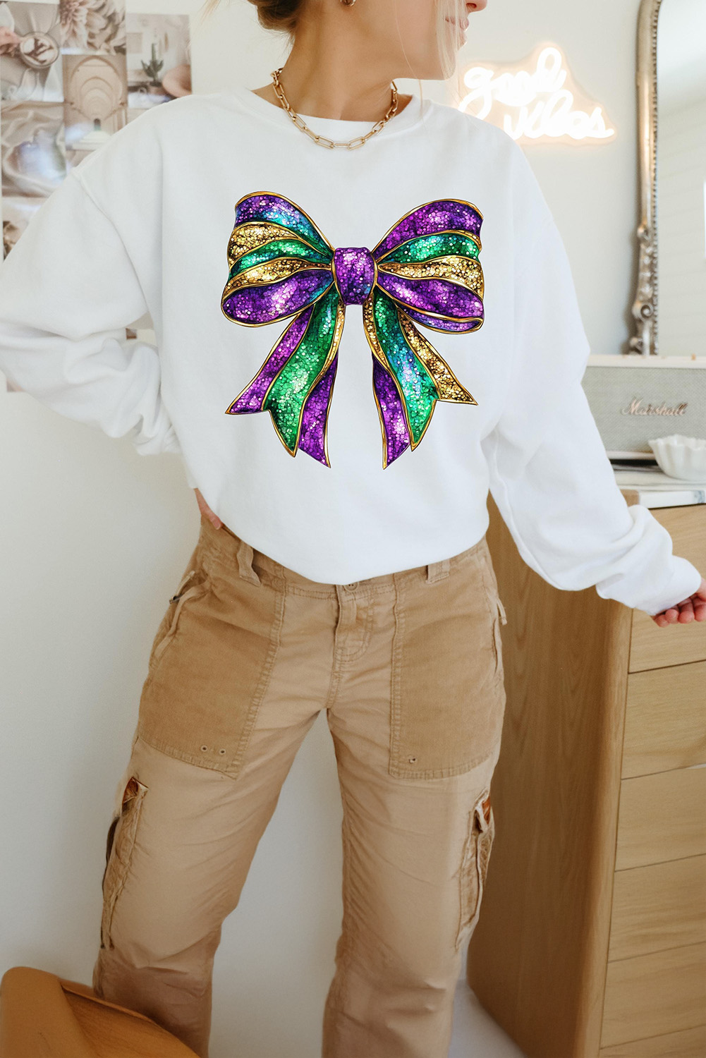 White Mardi Gras Tinsel Letter Graphic Short Sleeve Sweater