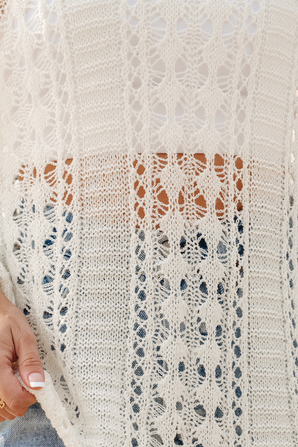White Hollow Out Knit Bracelet Sleeve Drop Shoulder Sweater view 17