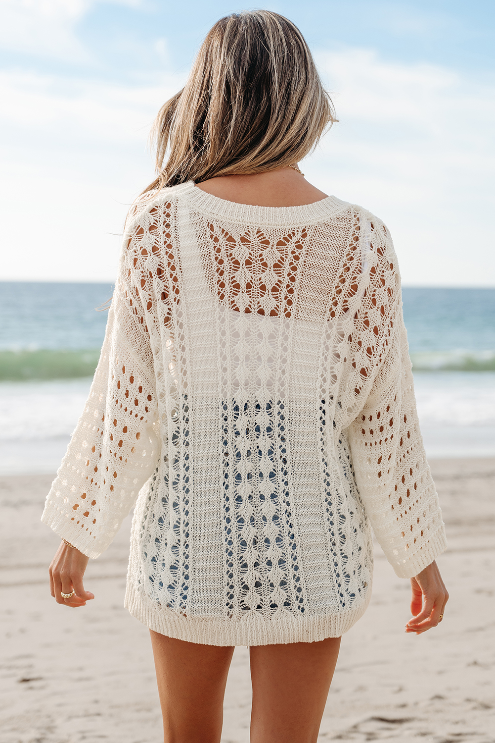 White Hollow Out Knit Bracelet Sleeve Drop Shoulder Sweater view 2