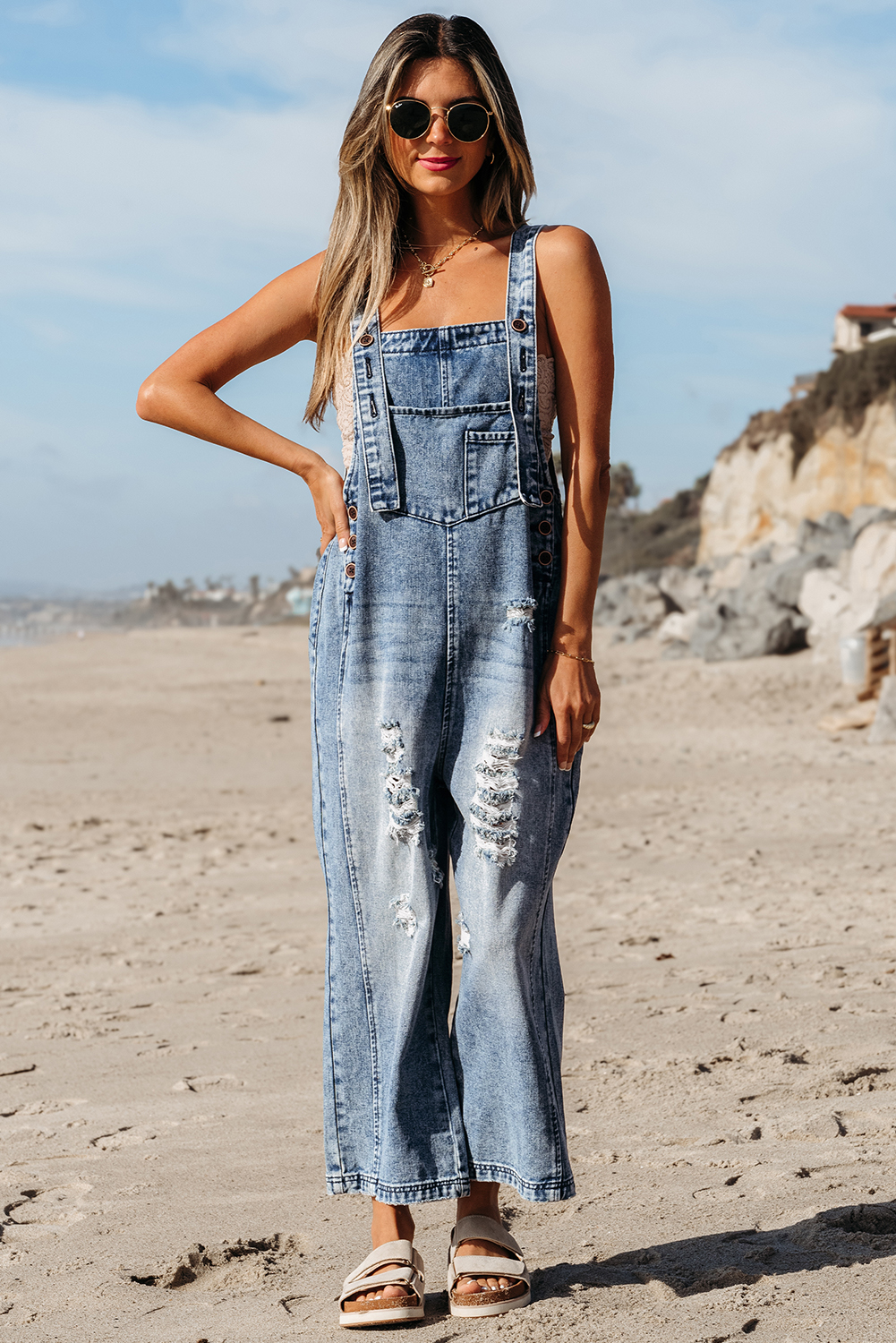 Pre-Order Black Distressed Bib Pocket Wide Leg Denim Overall