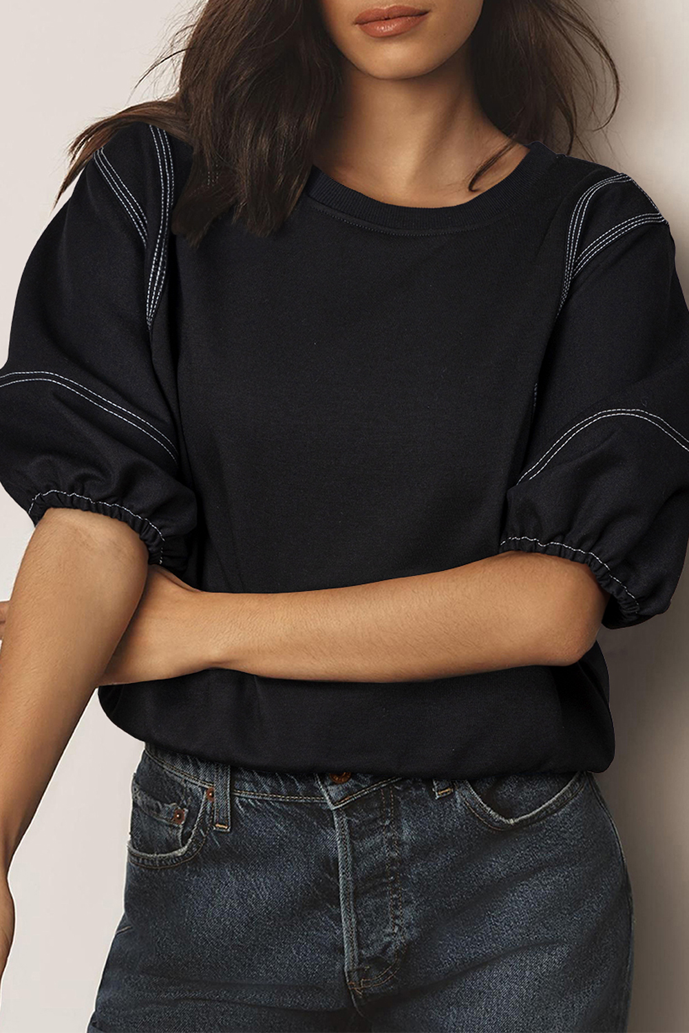 Phalaenopsis Stitched Detail V Neck Puffy Half Sleeve Blouse main image 0