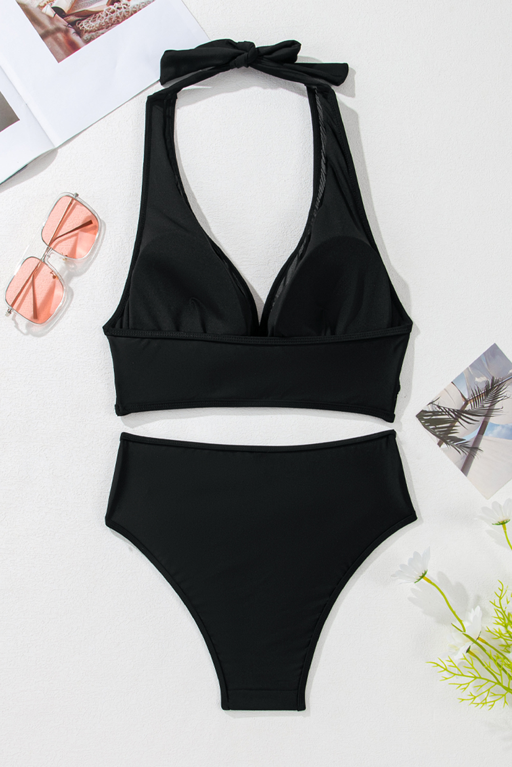 Black Sheer Mesh Edged Halter V Neck Push Up Bikini view 7