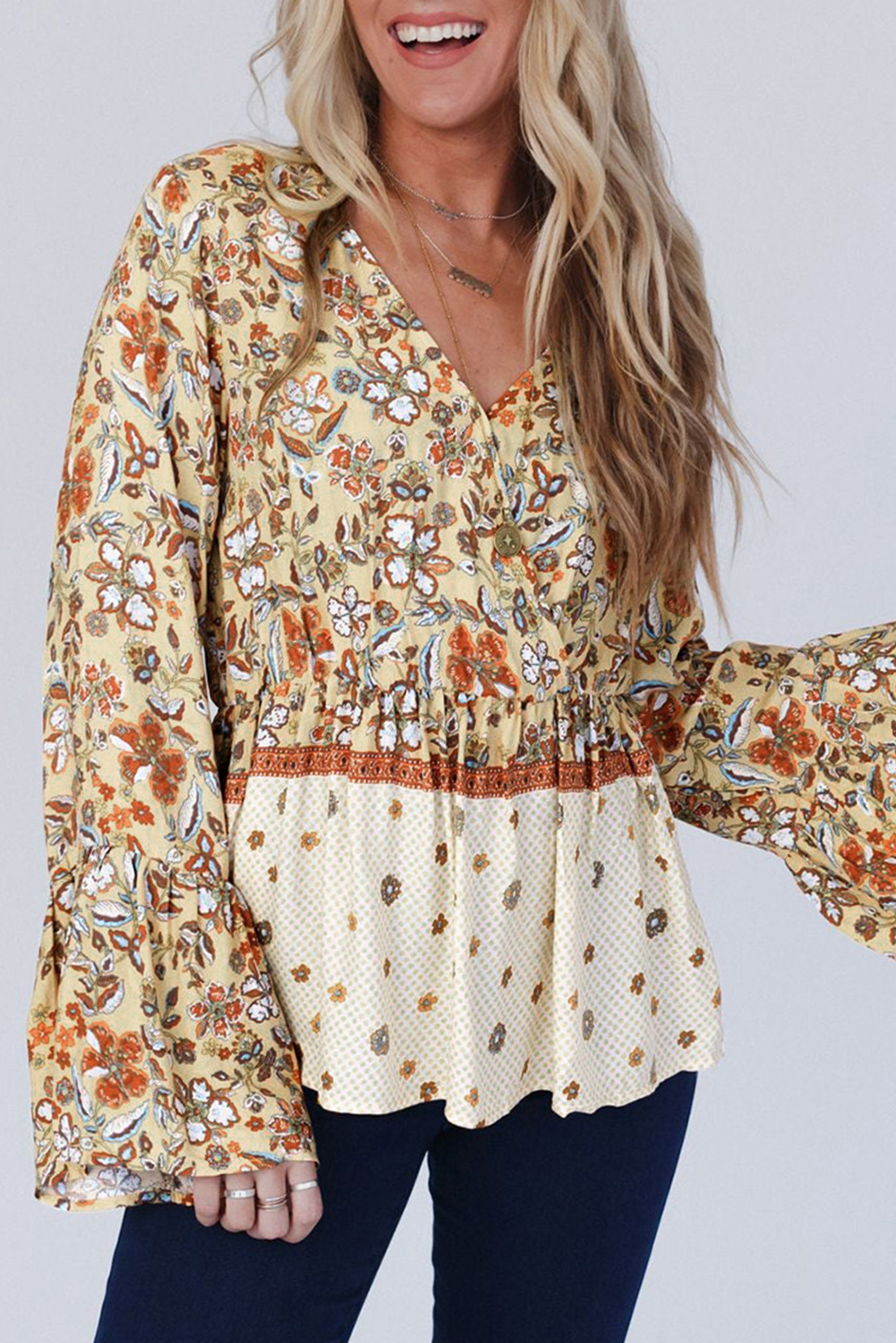 Yellow Garden Floral Peplum Quintessential Ruffle Blouse - S
