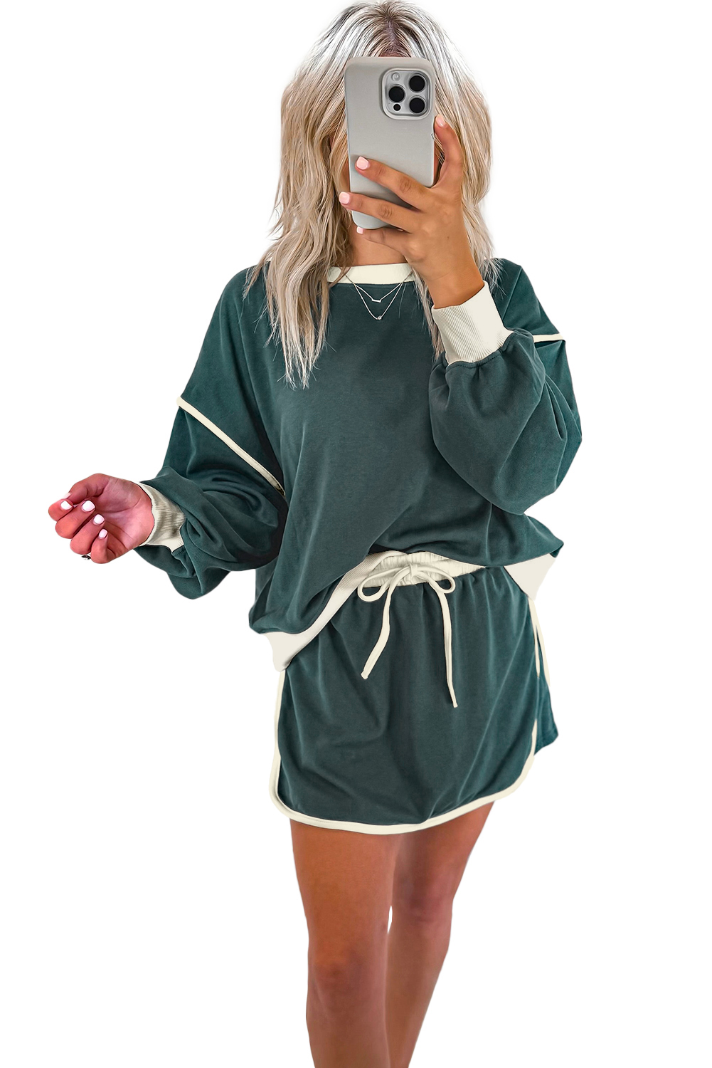 Evergreen Color Contrast Loose Pullover and Lace-up Waist Skort Set view 26
