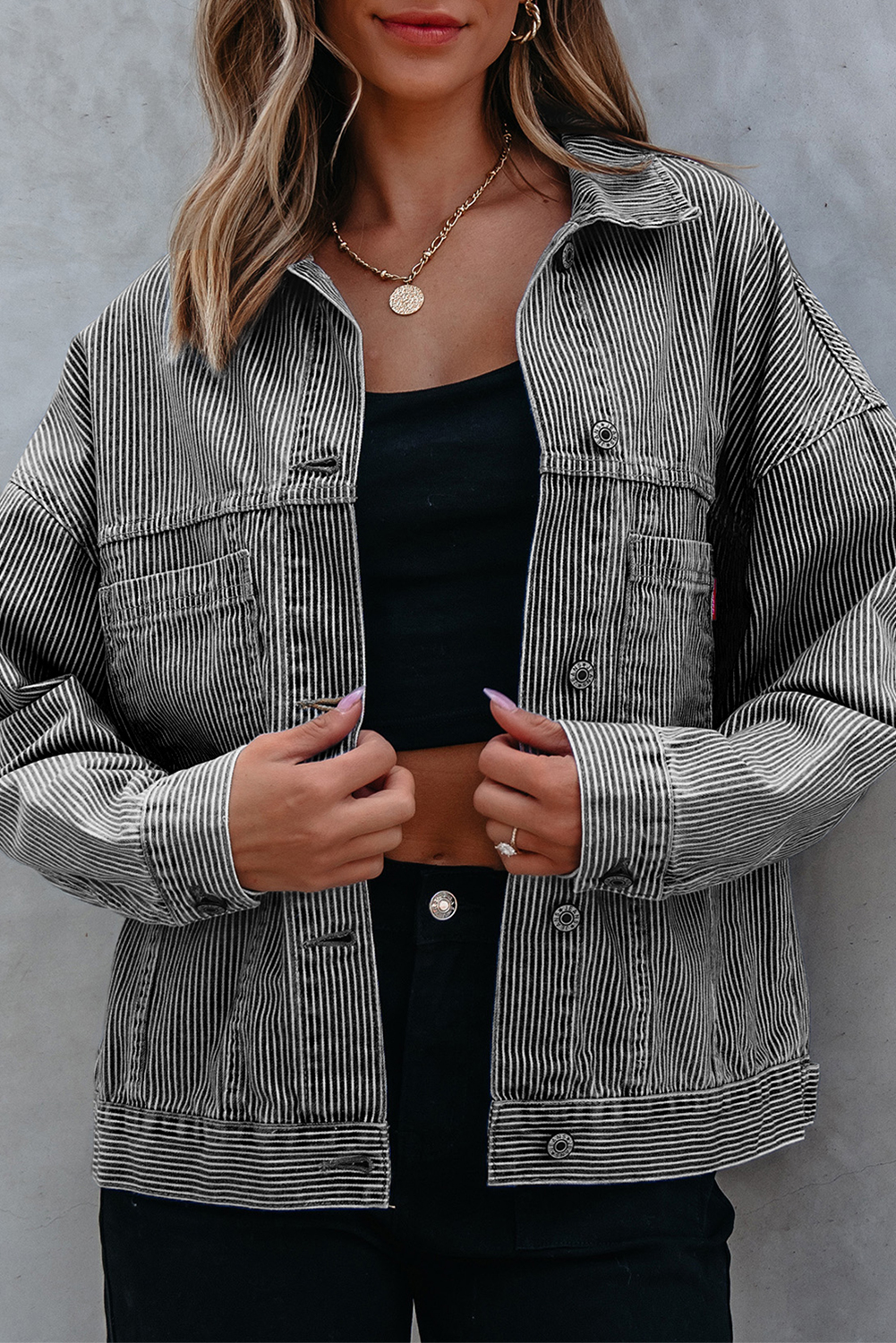 Blue Stripe Washed Oversize Pocketed Denim Jacket view 5
