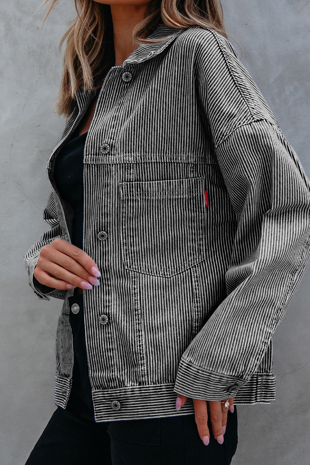 Blue Stripe Washed Oversize Pocketed Denim Jacket view 3