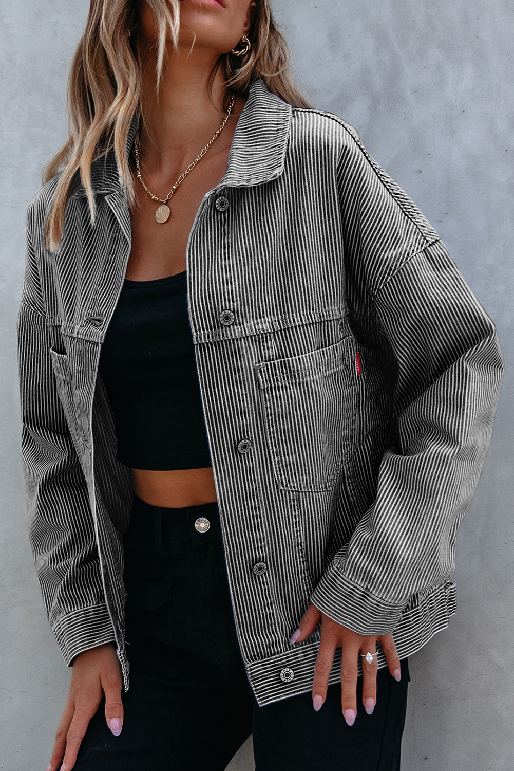 Blue Stripe Washed Oversize Pocketed Denim Jacket view 6