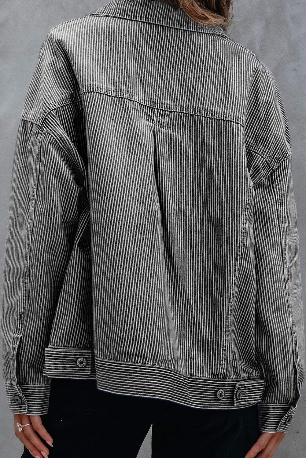 Blue Stripe Washed Oversize Pocketed Denim Jacket view 2