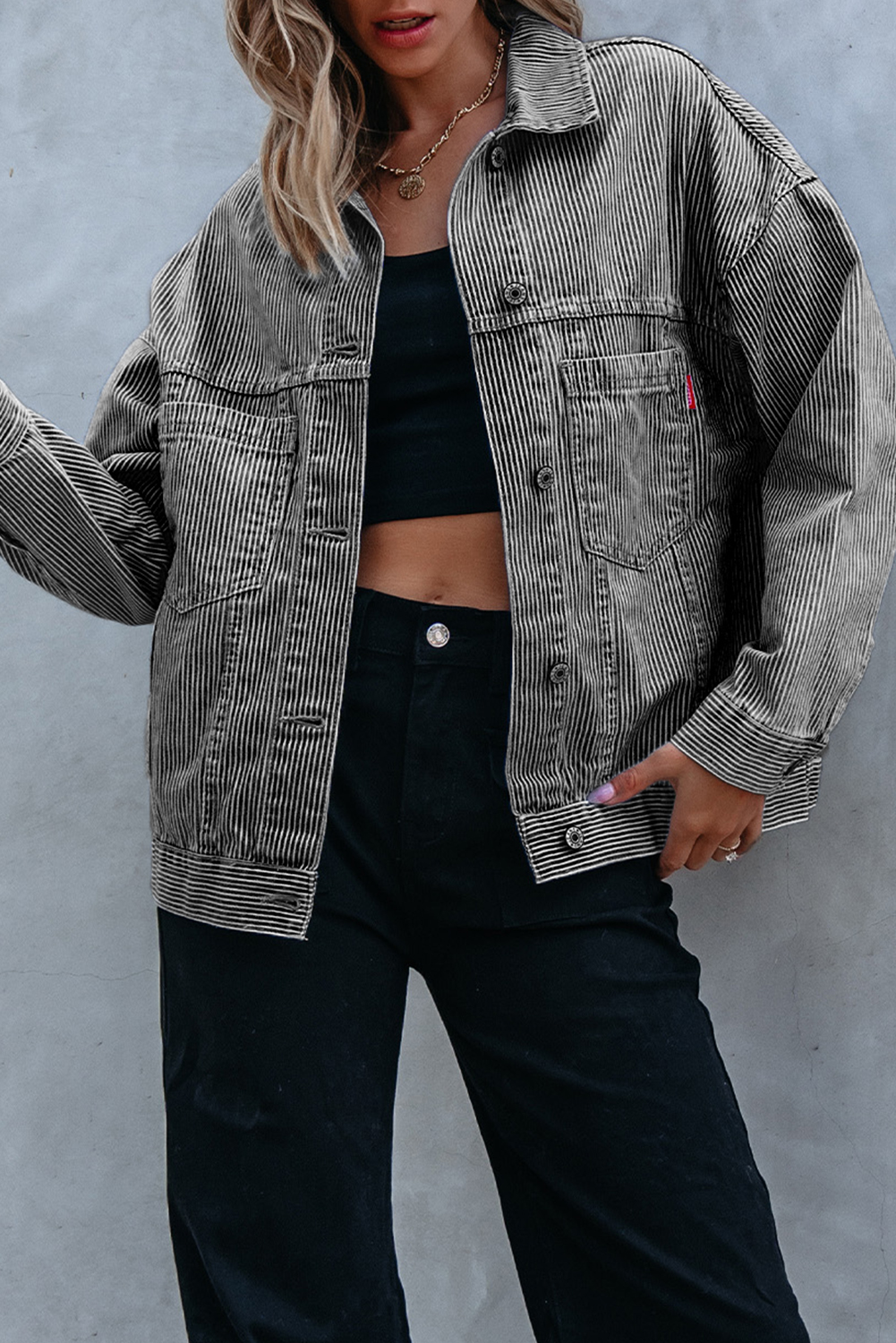 Blue Stripe Washed Oversize Pocketed Denim Jacket view 7