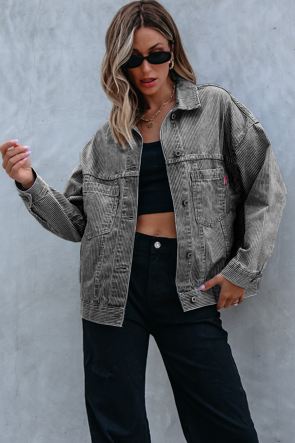 Blue Stripe Washed Oversize Pocketed Denim Jacket view 4