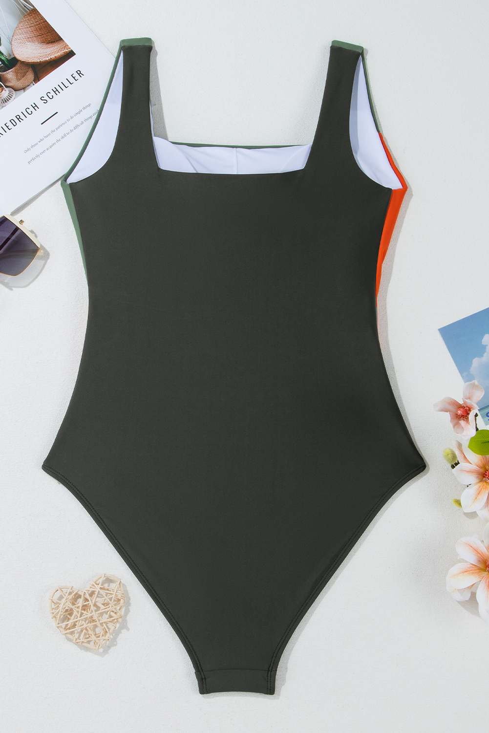 Duffel Green Color Block Padded Square Neck One Piece Swimsuit view 17