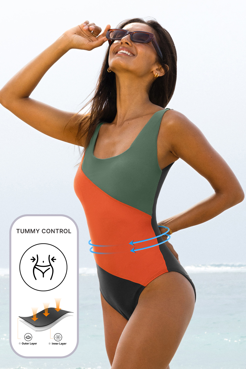 Duffel Green Color Block Padded Square Neck One Piece Swimsuit view 2