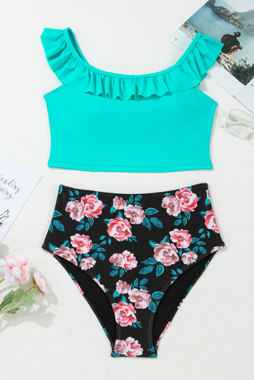 Sea Green Solid Ruffled Square Neck Swim Top and Floral Shorts Bikini Set view 11