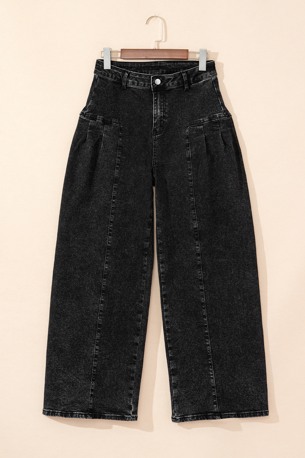 Dark Grey Pleated Wide Leg Mineral Wash Denim Pants view 6