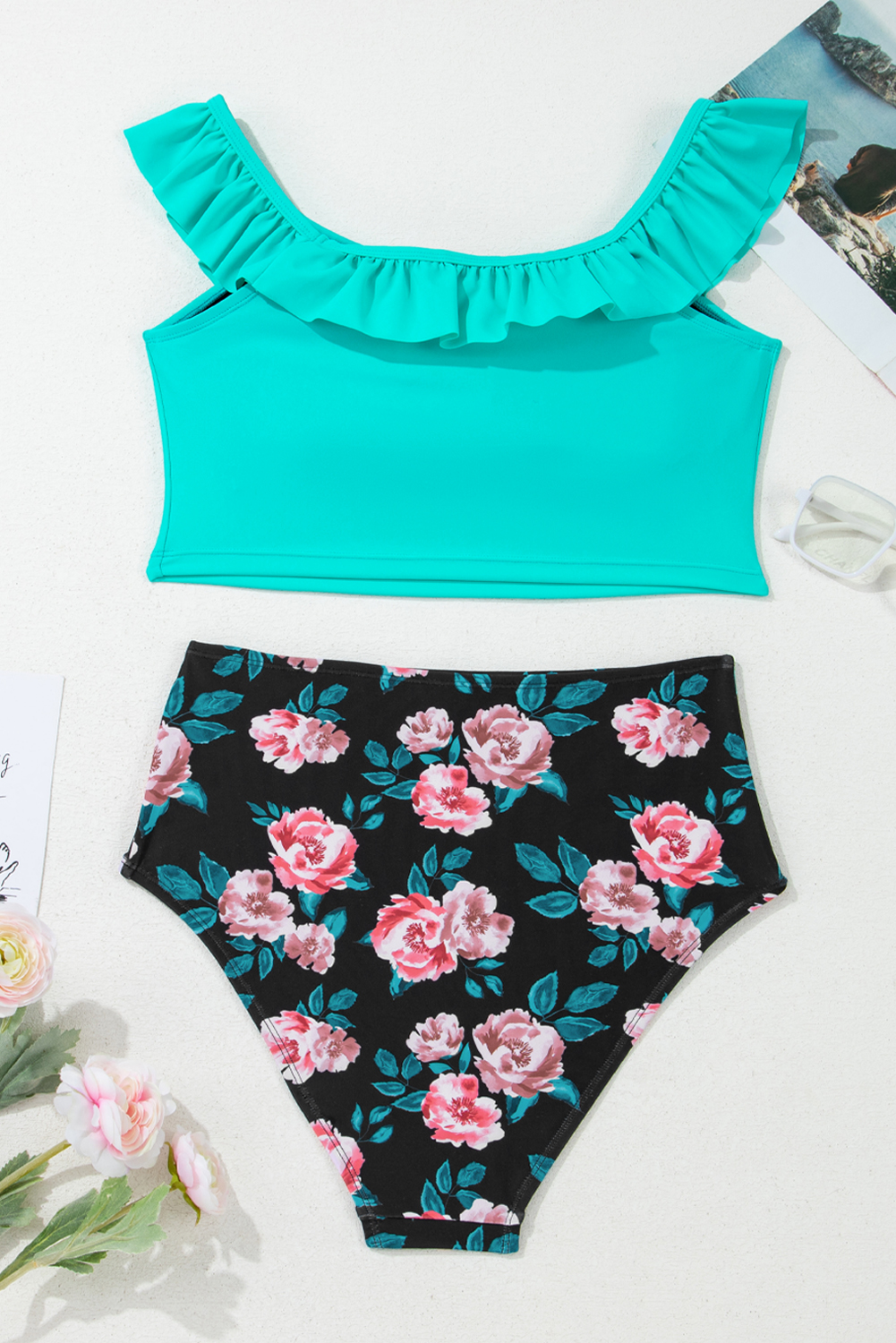 Sea Green Solid Ruffled Square Neck Swim Top and Floral Shorts Bikini Set view 12