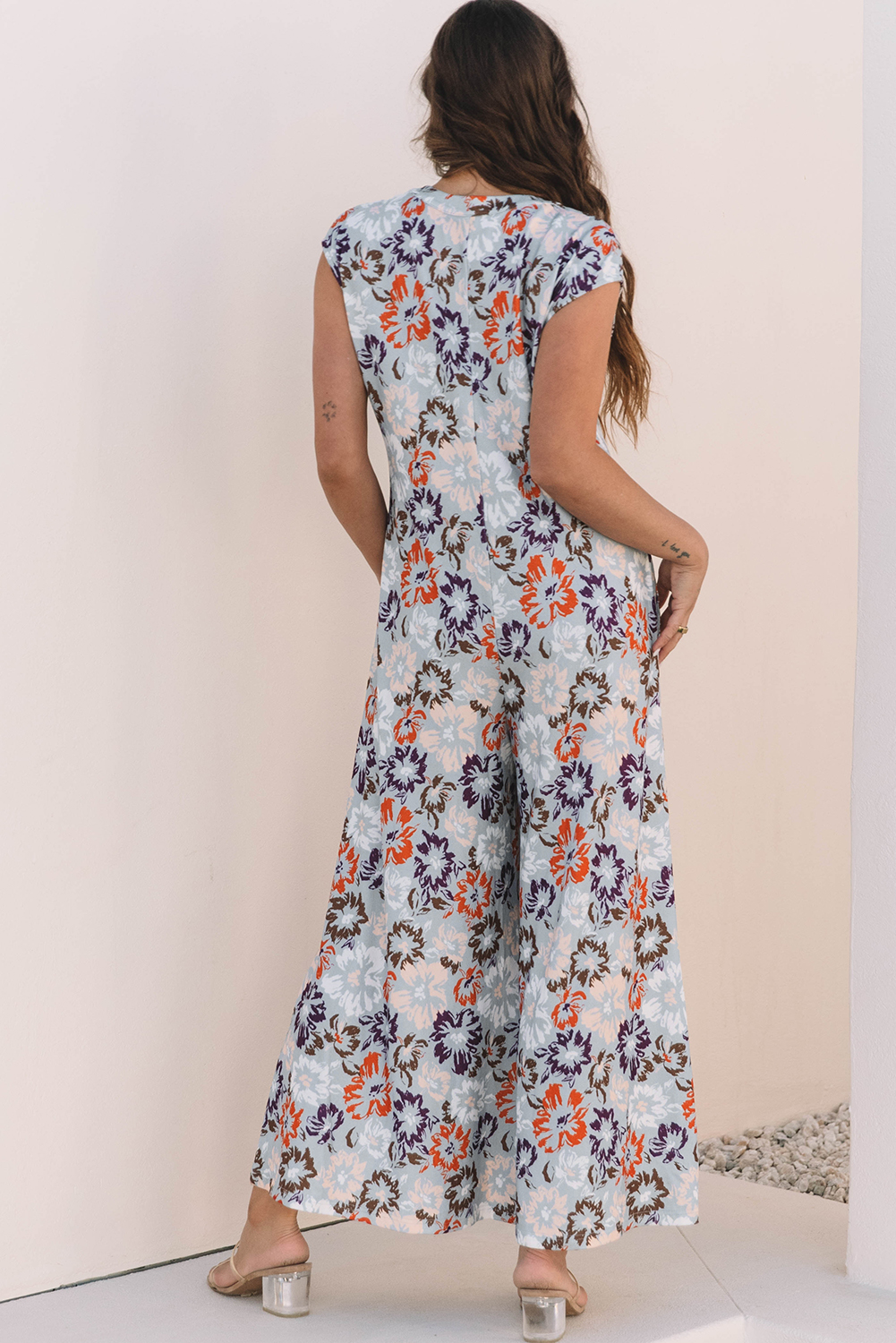 Sky Blue Floral Sleeveless Buttoned Pocketed Wide Leg Jumpsuit view 2