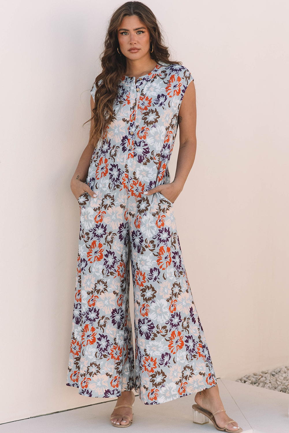 Sky Blue Floral Sleeveless Buttoned Pocketed Wide Leg Jumpsuit view 4