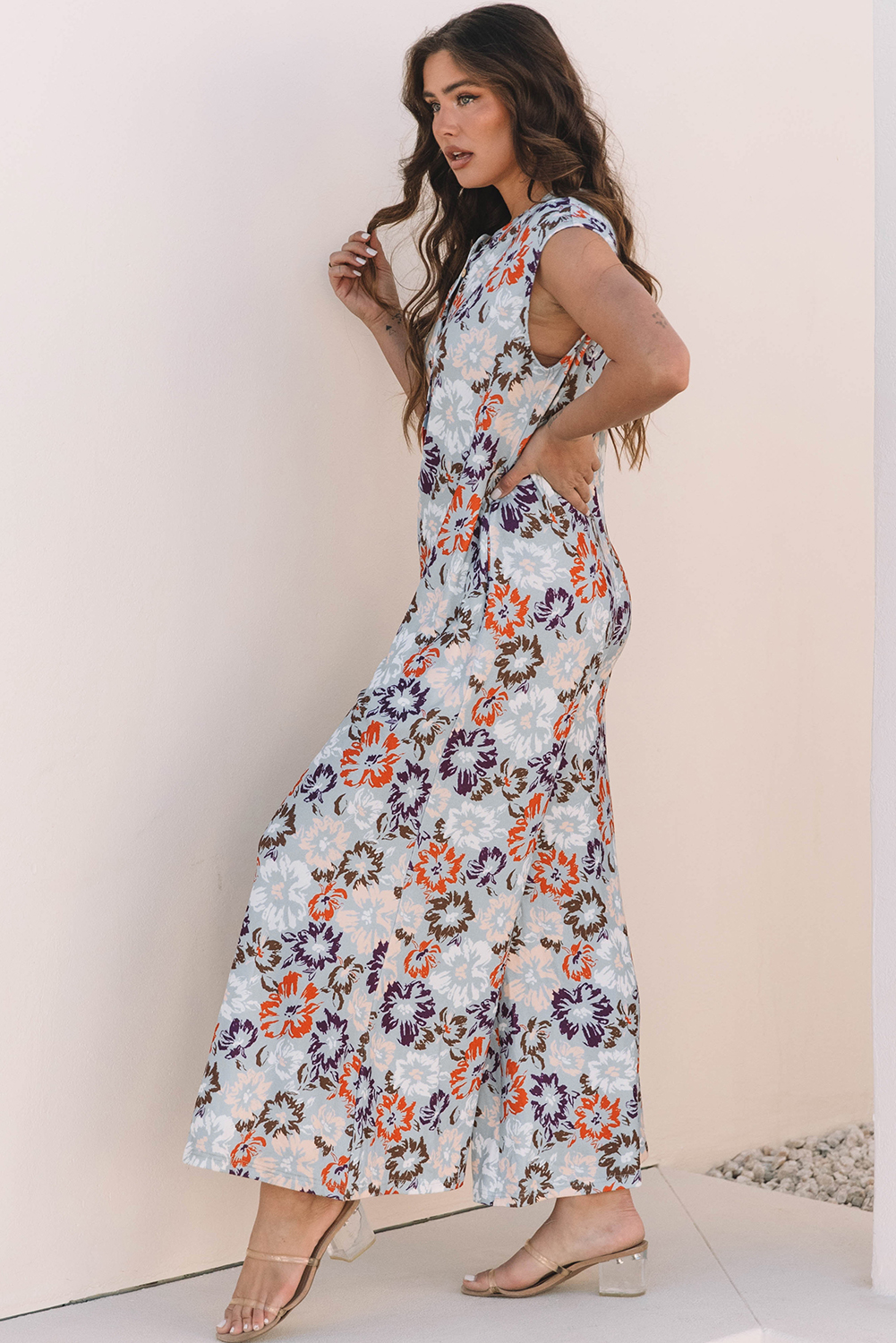 Sky Blue Floral Sleeveless Buttoned Pocketed Wide Leg Jumpsuit view 3