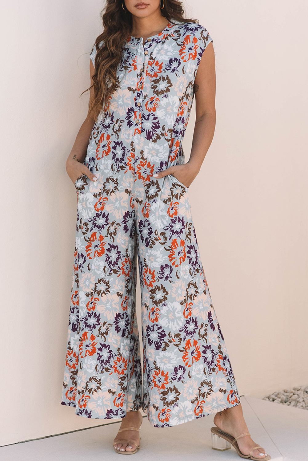 Sky Blue Floral Sleeveless Buttoned Pocketed Wide Leg Jumpsuit view 5