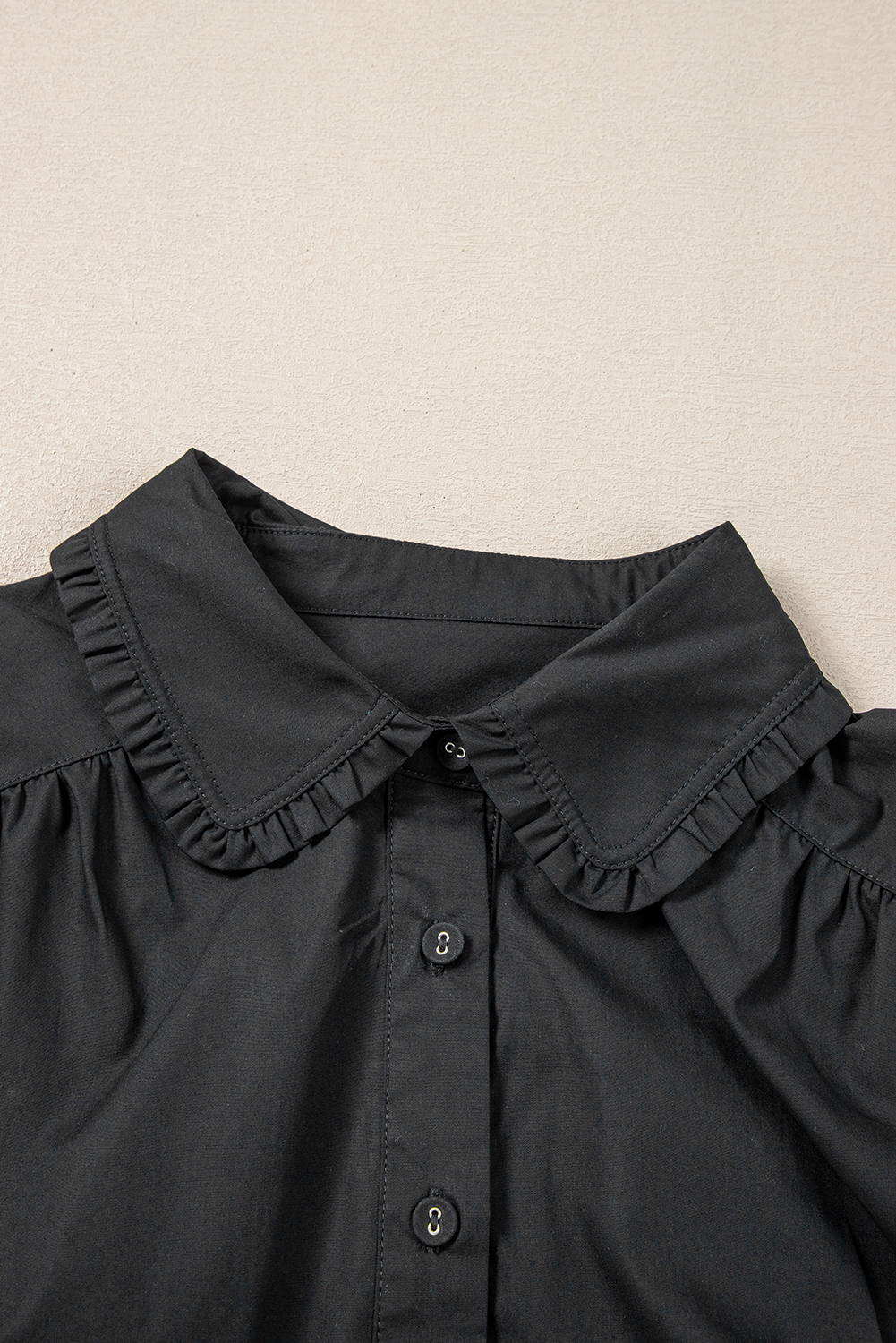 Black Shirt Style Button Down Puff Sleeve Ruffle Hem Dress view 20