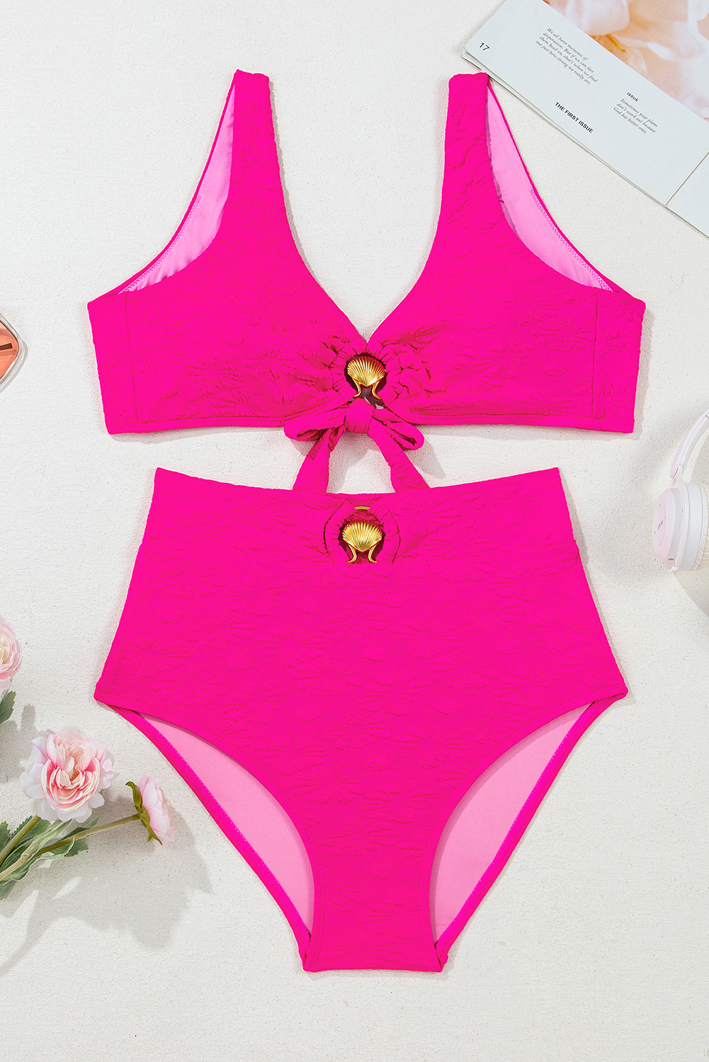 Rose Red Gold Shell Decor Wire-free Knotted 2pcs Bikini Swimsuit view 11