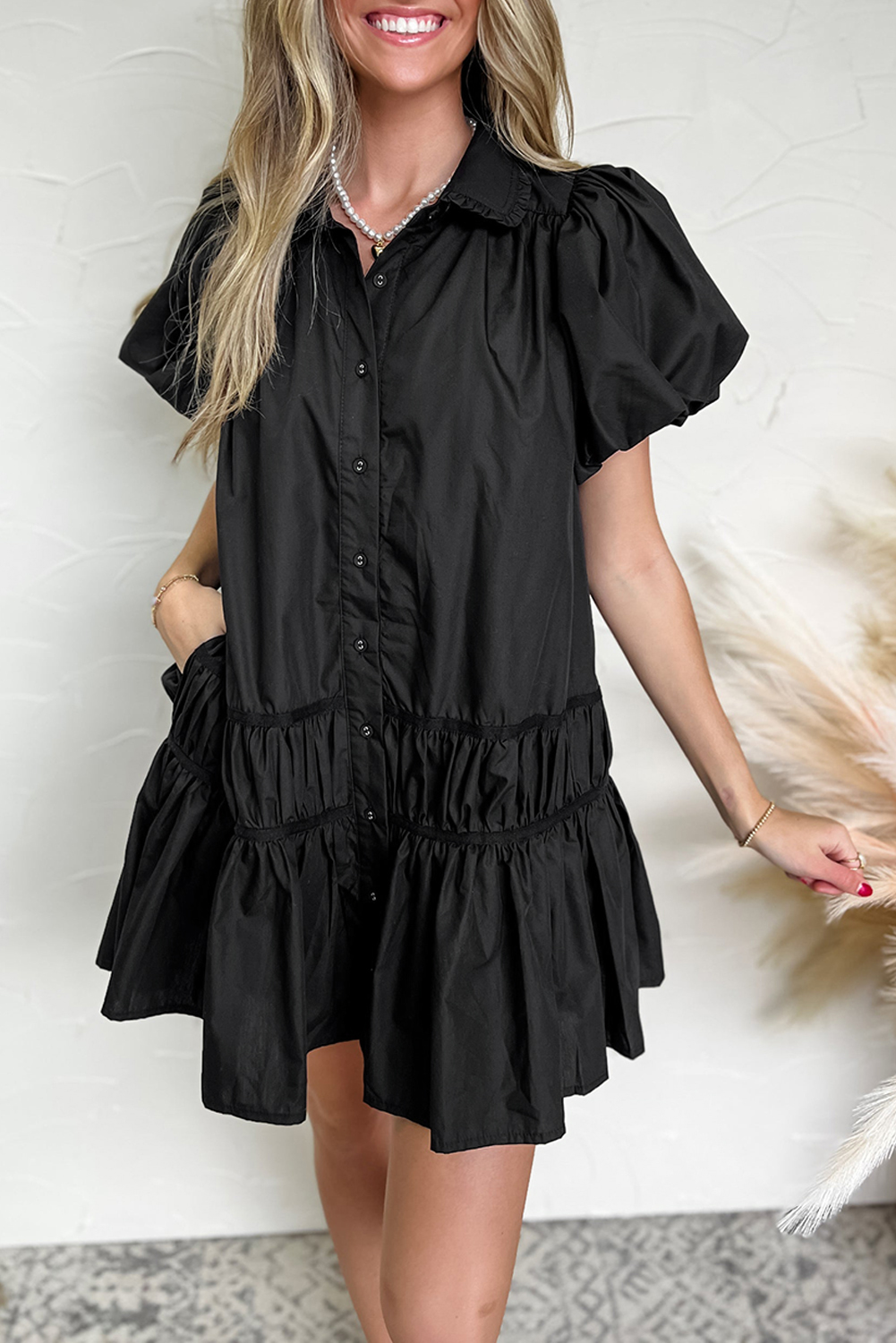 Black Shirt Style Button Down Puff Sleeve Ruffle Hem Dress view 8