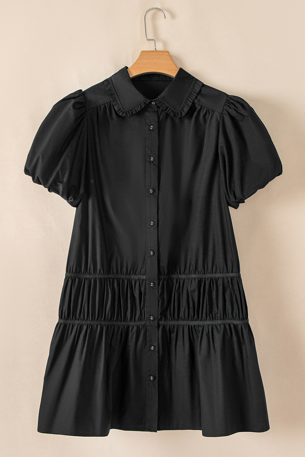 Black Shirt Style Button Down Puff Sleeve Ruffle Hem Dress view 13