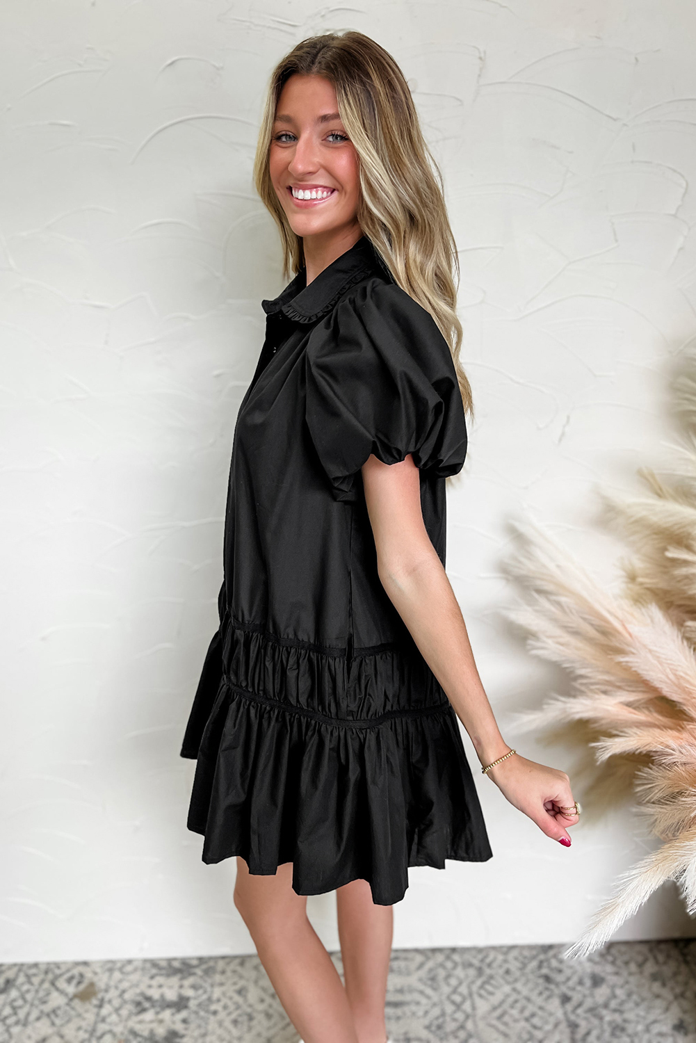 Black Shirt Style Button Down Puff Sleeve Ruffle Hem Dress view 10