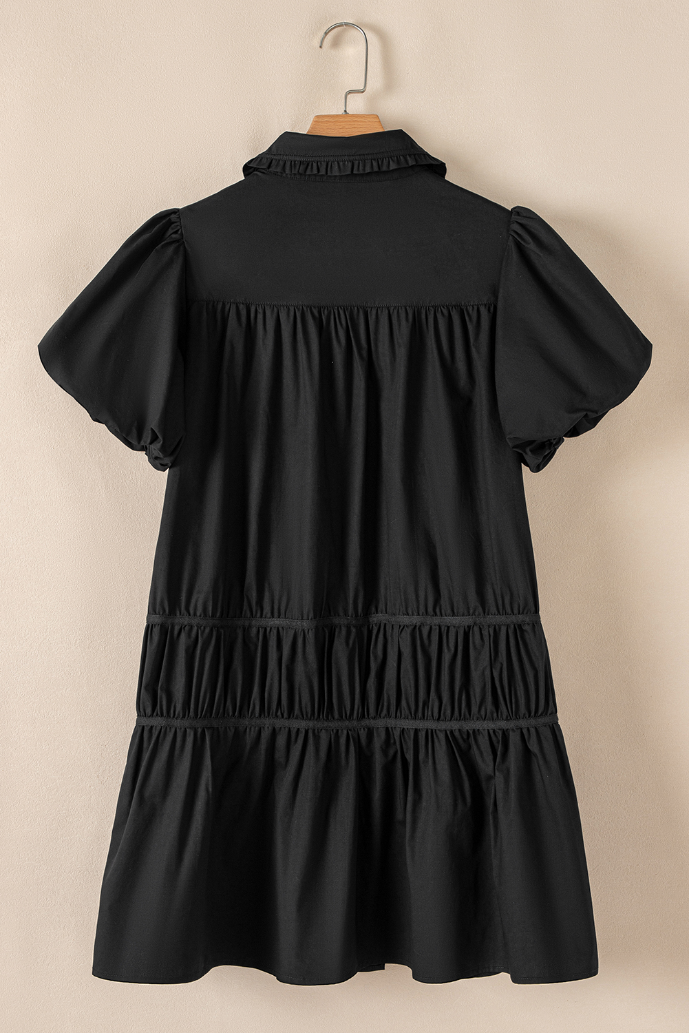 Black Shirt Style Button Down Puff Sleeve Ruffle Hem Dress view 14