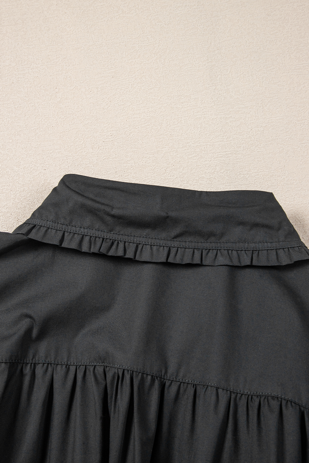Black Shirt Style Button Down Puff Sleeve Ruffle Hem Dress view 18