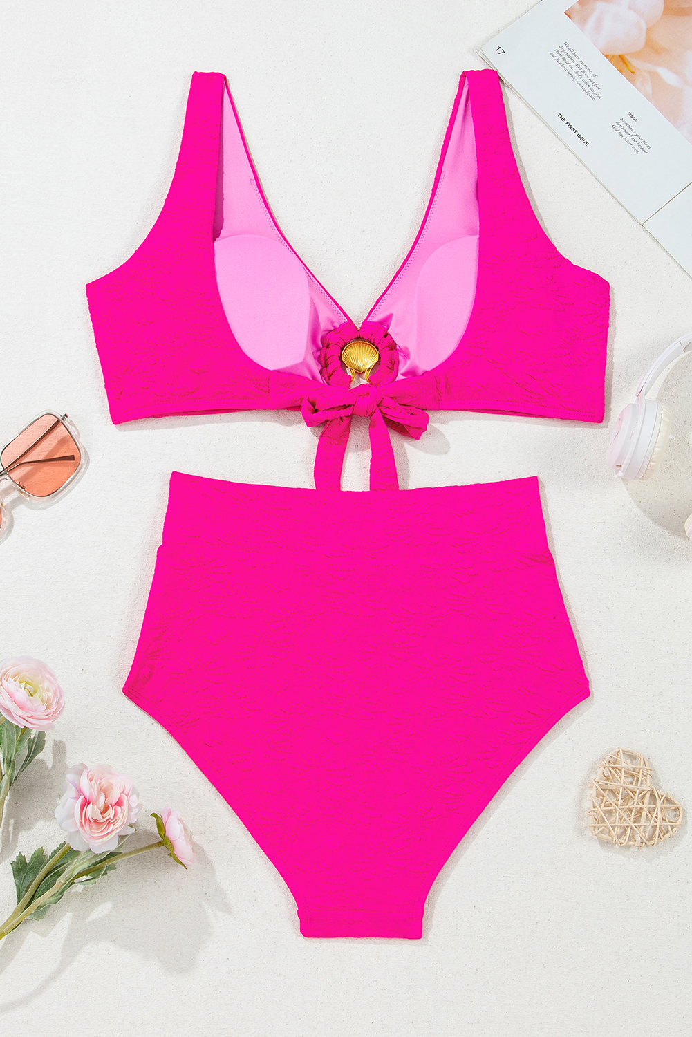Rose Red Gold Shell Decor Wire-free Knotted 2pcs Bikini Swimsuit view 12