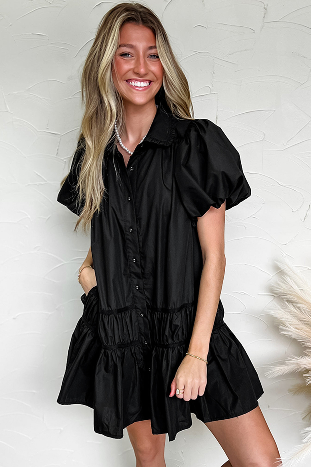Black Shirt Style Button Down Puff Sleeve Ruffle Hem Dress view 12