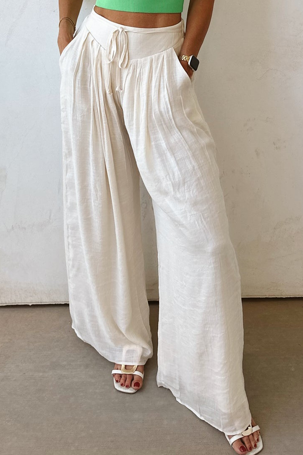 White Casual Tie Waist Pleated Wide Leg Pants view 8