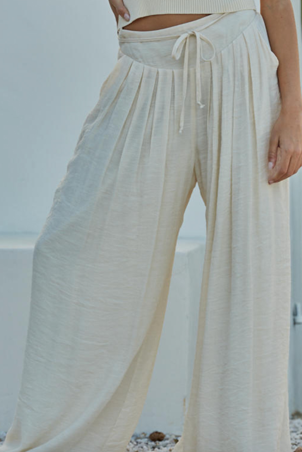 White Casual Tie Waist Pleated Wide Leg Pants view 14