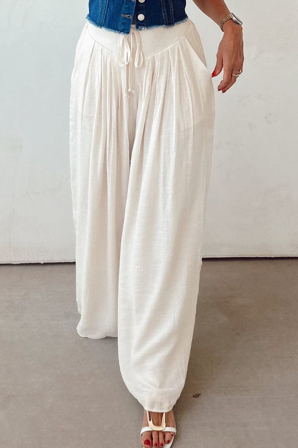 White Casual Tie Waist Pleated Wide Leg Pants view 10