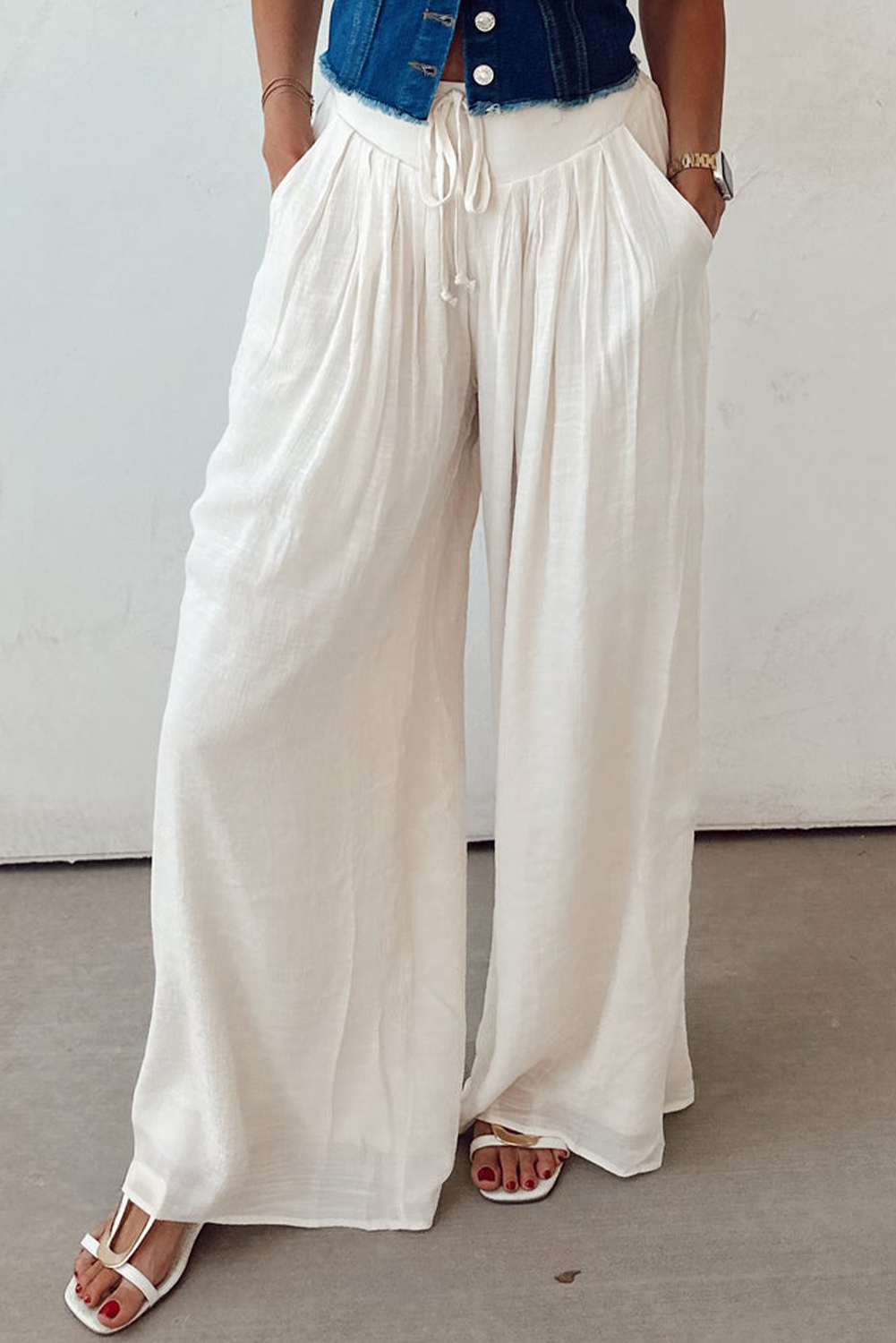 White Casual Tie Waist Pleated Wide Leg Pants view 12