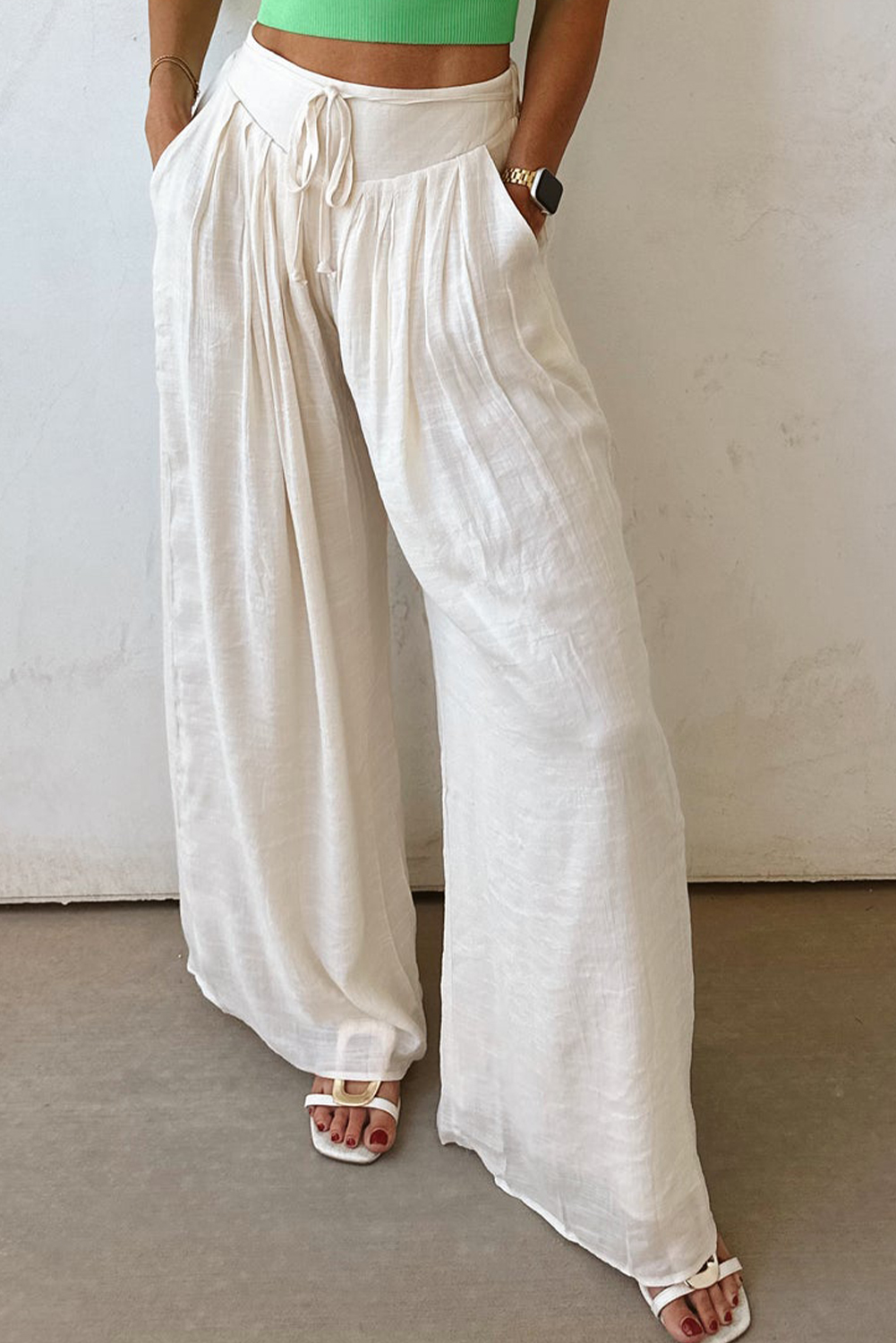 White Casual Tie Waist Pleated Wide Leg Pants view 13