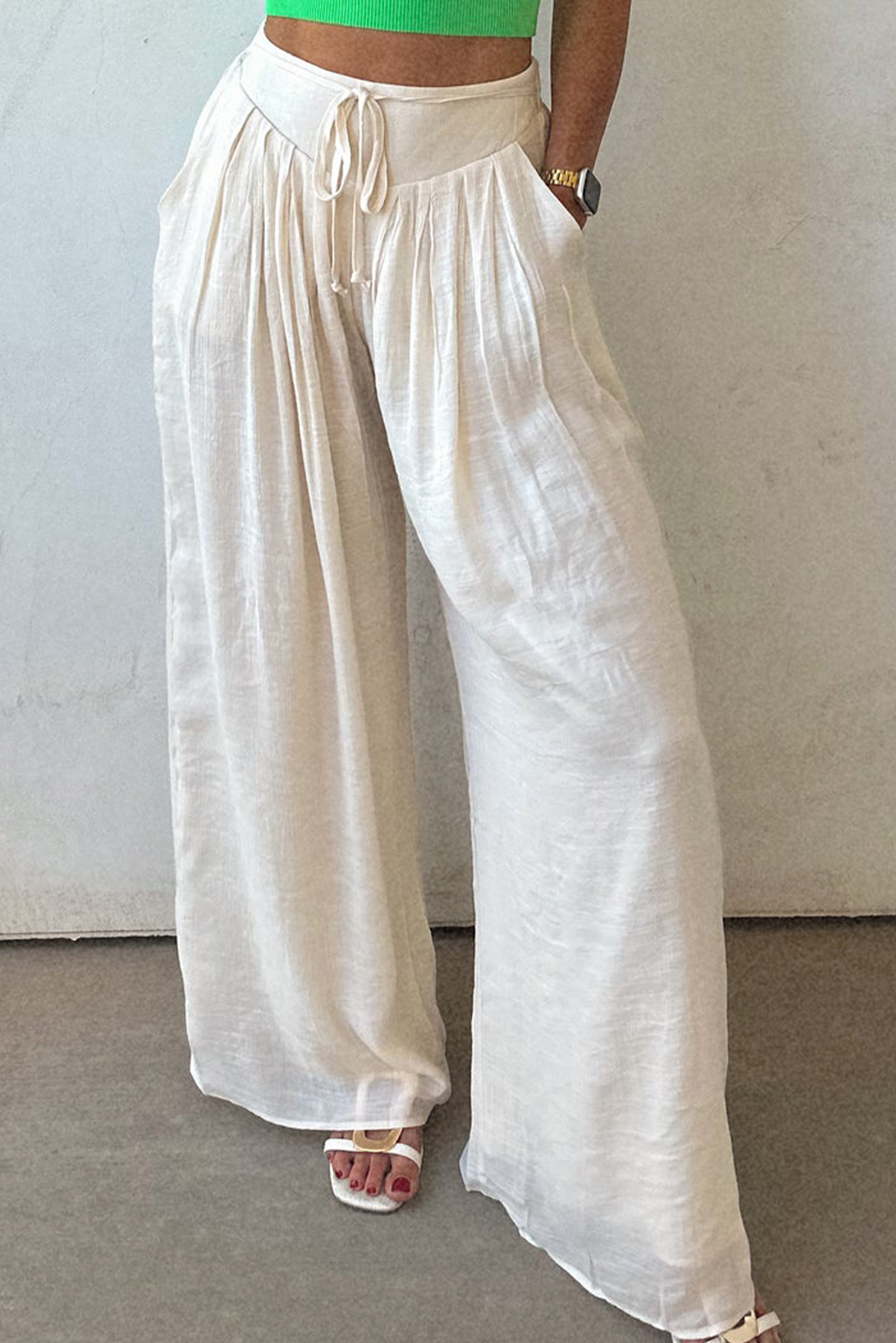 White Casual Tie Waist Pleated Wide Leg Pants view 11