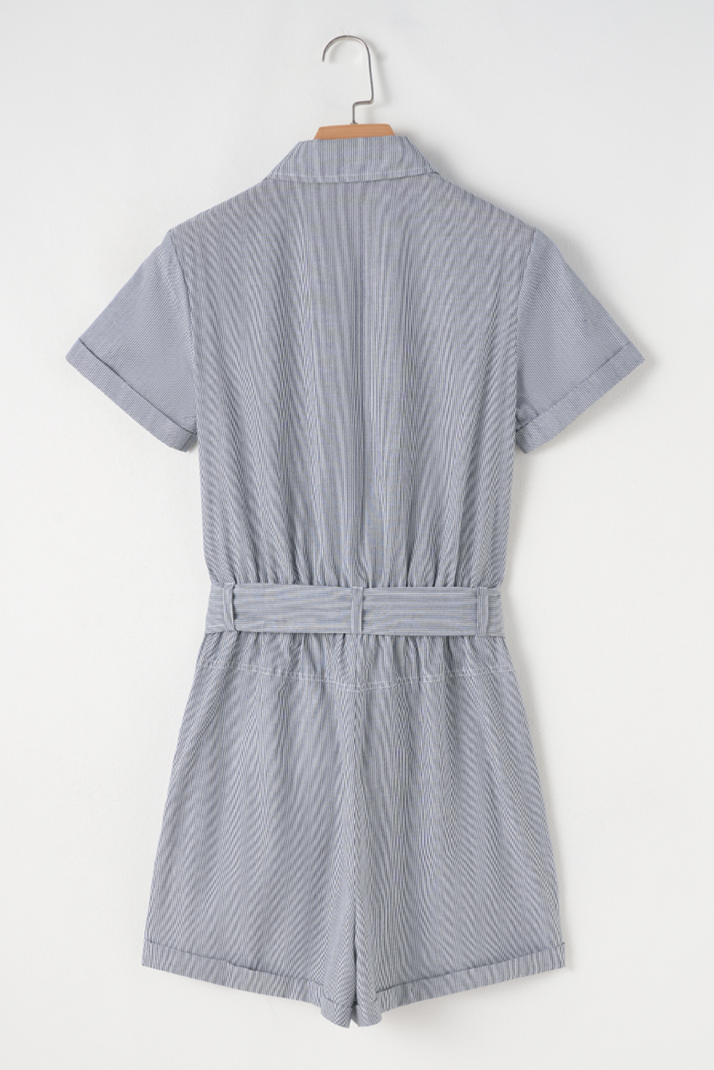 Blue Stripe Chest Pockets Buttoned Belted High Waist Romper view 14