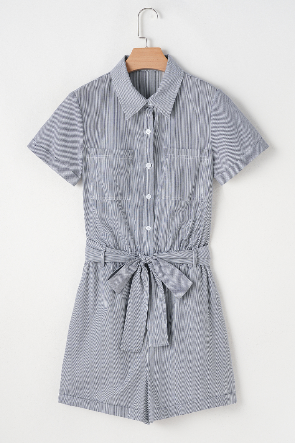 Blue Stripe Chest Pockets Buttoned Belted High Waist Romper view 13