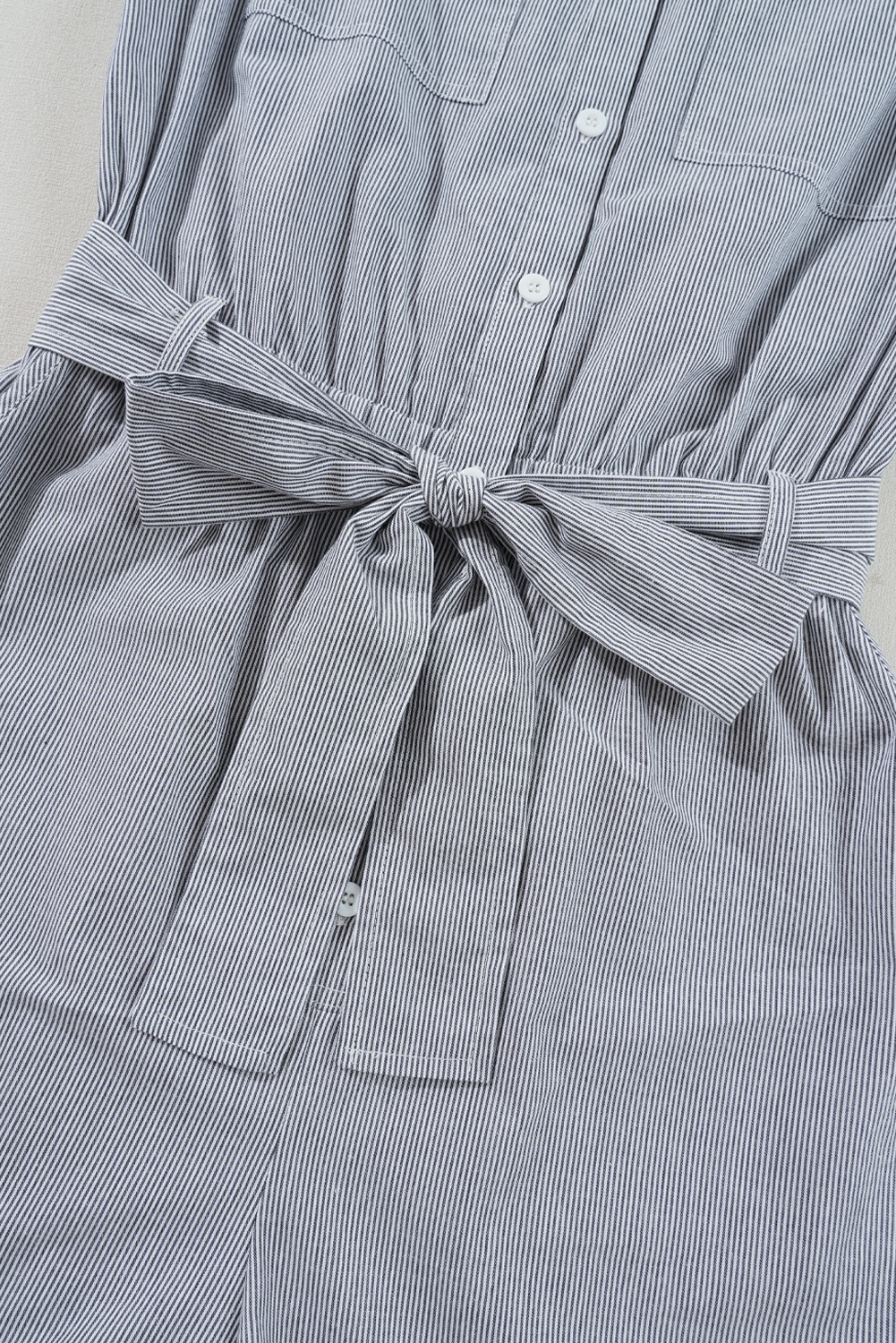 Blue Stripe Chest Pockets Buttoned Belted High Waist Romper view 17