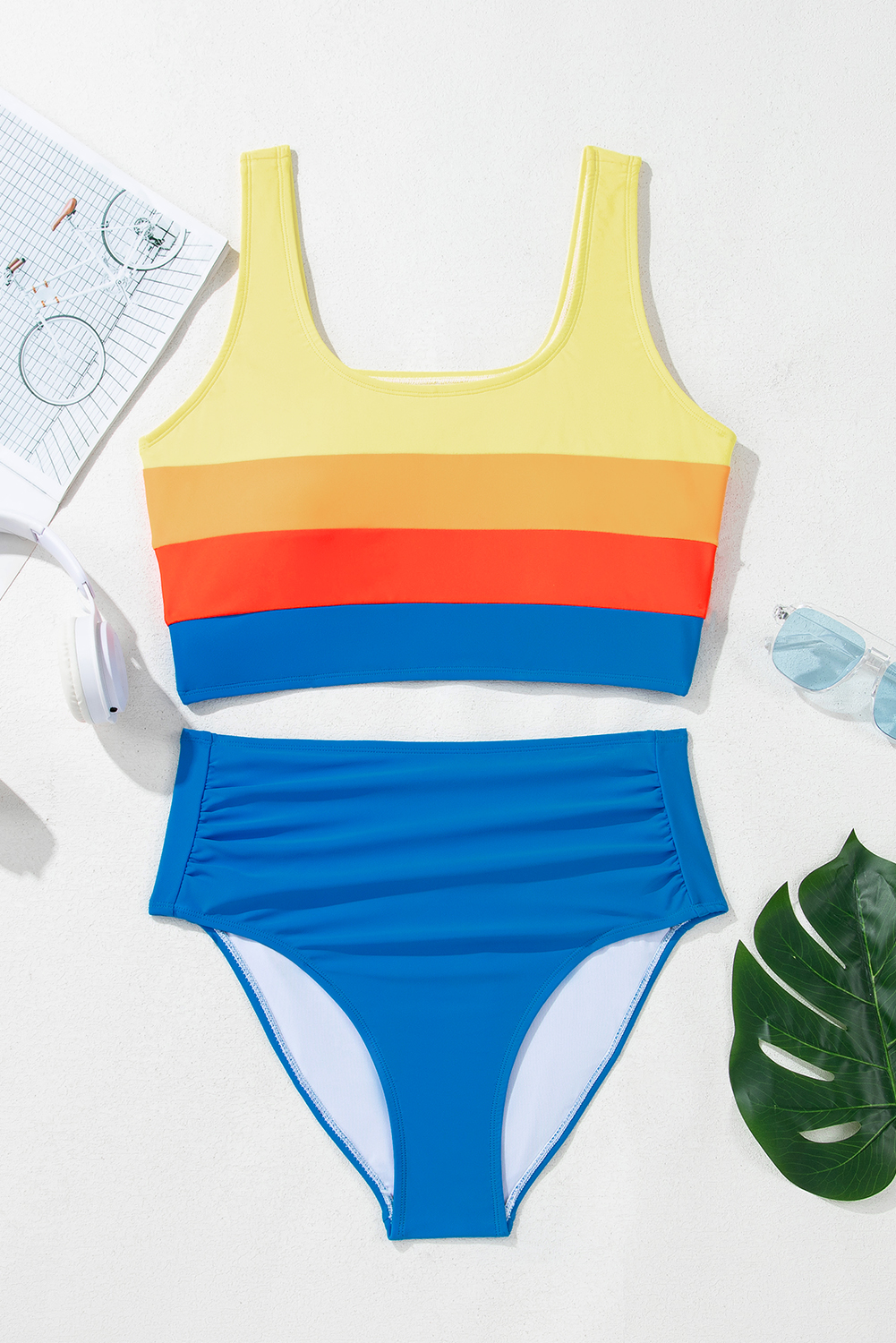 Blue Colorblock Square Neck Top Pleated High Waisted Bikini view 32