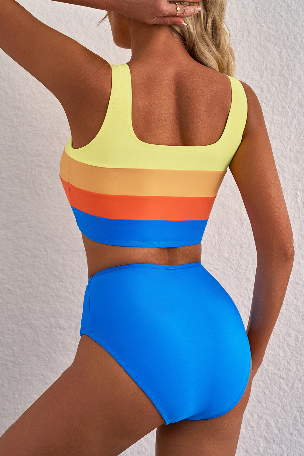 Blue Colorblock Square Neck Top Pleated High Waisted Bikini view 3