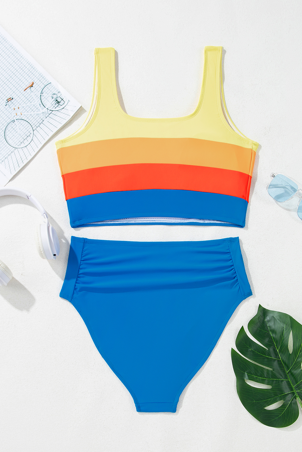 Blue Colorblock Square Neck Top Pleated High Waisted Bikini view 34