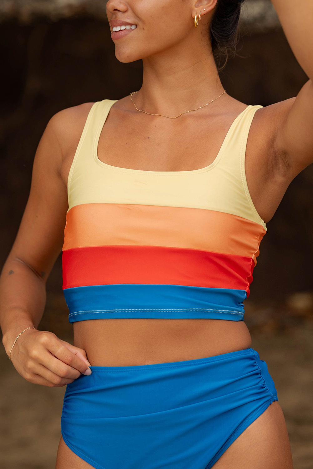 Blue Colorblock Square Neck Top Pleated High Waisted Bikini view 18