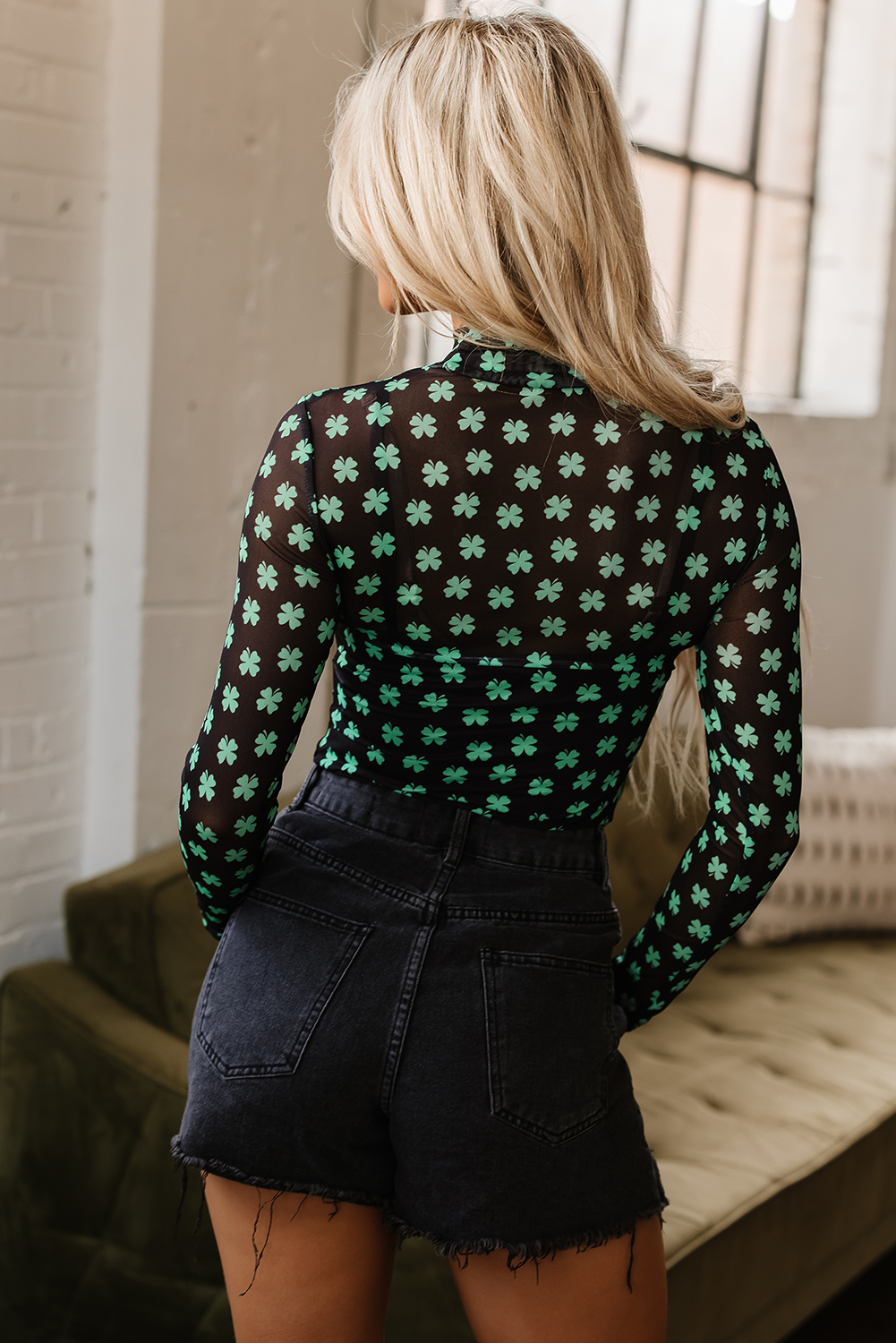 Green St Patrick Shamrock Printed Long Sleeve Mesh Bodysuit view 9